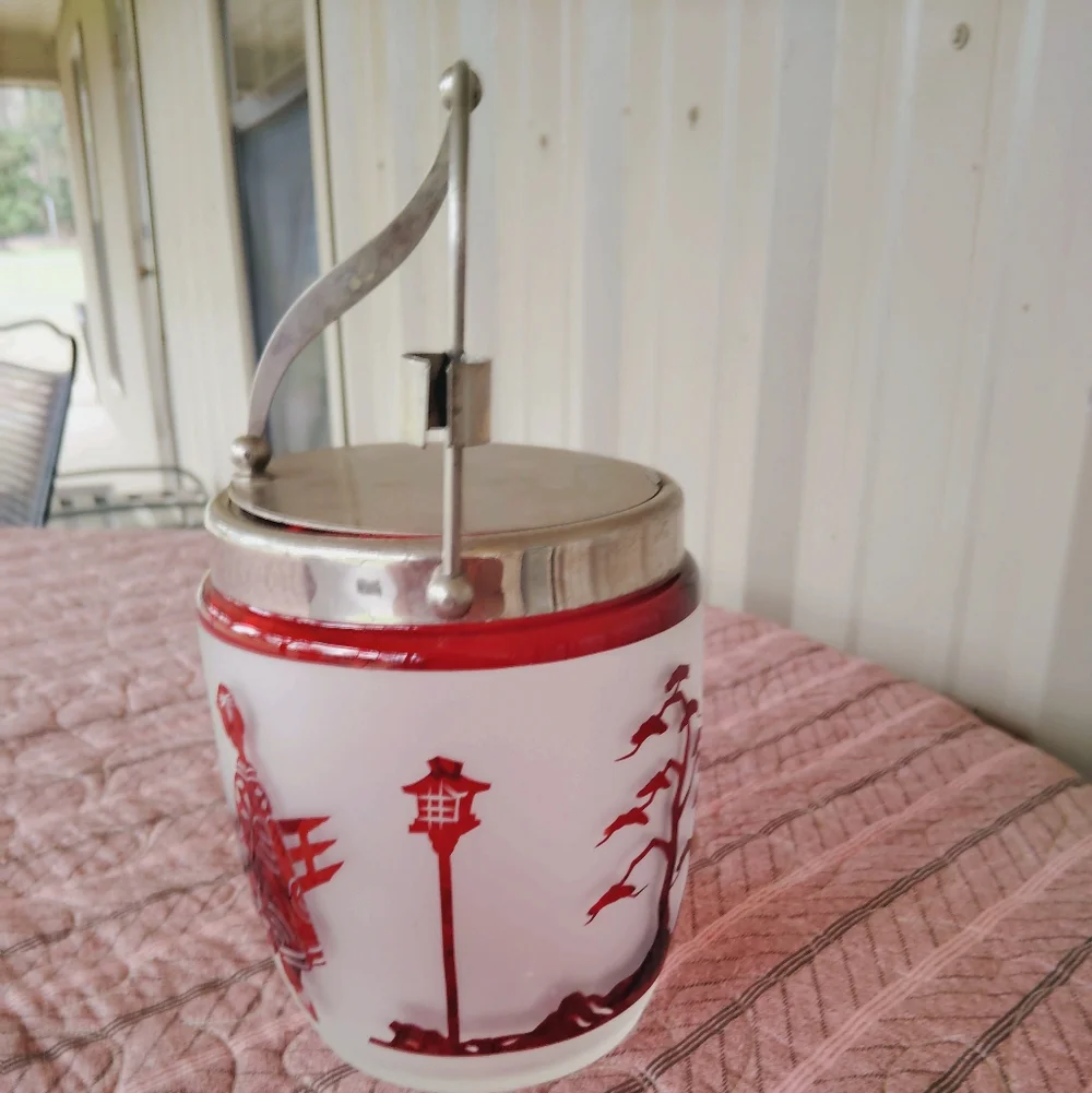 Vintage MCM Noritake Frosted Ruby Red Ice Bucket & Tongs Japan Asian Barware Bar